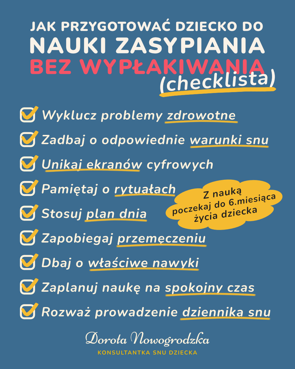 Infografika z checklistą, która wskazuje rodzicom, jak przygotować dziecko do nauki samodzielnego zasypiania bez wypłakiwania.